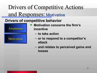 Drivers of Competitive Actions and Responses: Motivation concerns the firm’s incentive to take action or to respond to a competitor’s attack and relates to perceived gains and losses Drivers of competitive behavior Motivation Motivation Awareness 