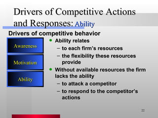 Drivers of Competitive Actions and Responses: Ability relates to each firm’s resources the flexibility these resources provide Without available resources the firm lacks the ability to attack a competitor  to respond to the competitor’s actions Drivers of competitive behavior Ability Ability Awareness Motivation 