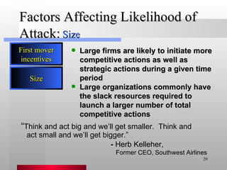 Factors Affecting Likelihood of Attack: Large firms are likely to initiate more competitive actions as well as strategic actions during a given time period Large organizations commonly have the slack resources required to launch a larger number of total competitive actions Size First mover incentives Size “ Think and act big and we’ll get smaller.  Think and act small and we’ll get bigger.” -  Herb Kelleher, Former CEO, Southwest Airlines 