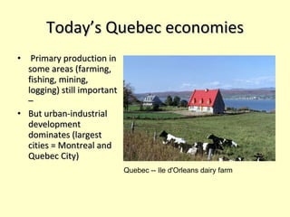 Today’s Quebec economies Primary production in some areas (farming, fishing, mining, logging) still important – But urban-industrial development dominates (largest cities = Montreal and Quebec City) Quebec -- Ile d'Orleans dairy farm 