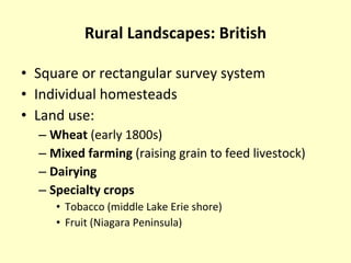 Rural Landscapes: British Square or rectangular survey system Individual homesteads Land use: Wheat  (early 1800s) Mixed farming  (raising grain to feed livestock) Dairying Specialty crops Tobacco (middle Lake Erie shore) Fruit (Niagara Peninsula) 