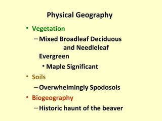 Physical Geography Vegetation Mixed Broadleaf Deciduous  and Needleleaf Evergreen  Maple Significant Soils Overwhelmingly Spodosols Biogeography Historic haunt of the beaver 