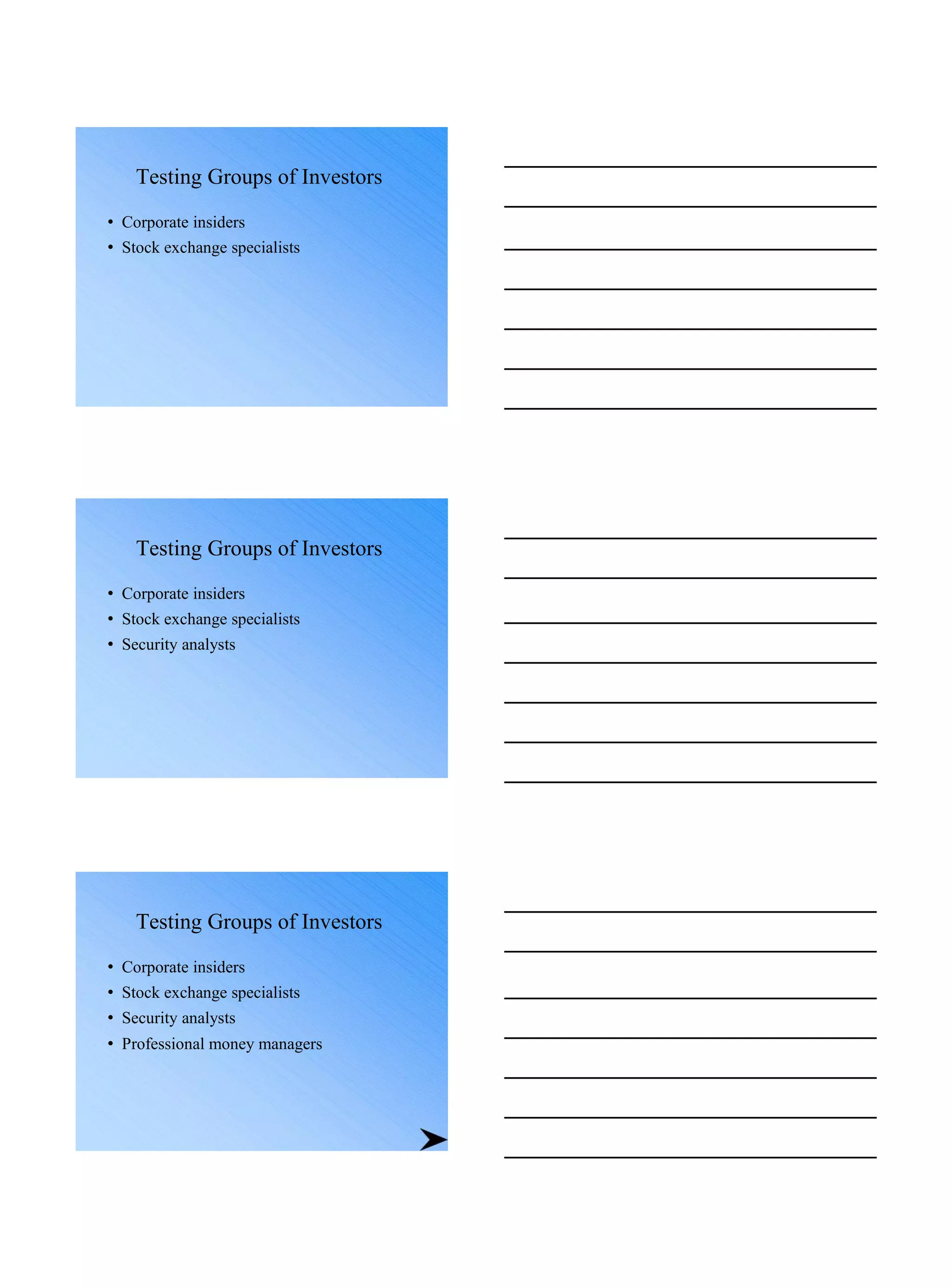Testing Groups of Investors
• Corporate insiders
• Stock exchange specialists
Testing Groups of Investors
• Corporate insiders
• Stock exchange specialists
• Security analysts
Testing Groups of Investors
• Corporate insiders
• Stock exchange specialists
• Security analysts
• Professional money managers
 