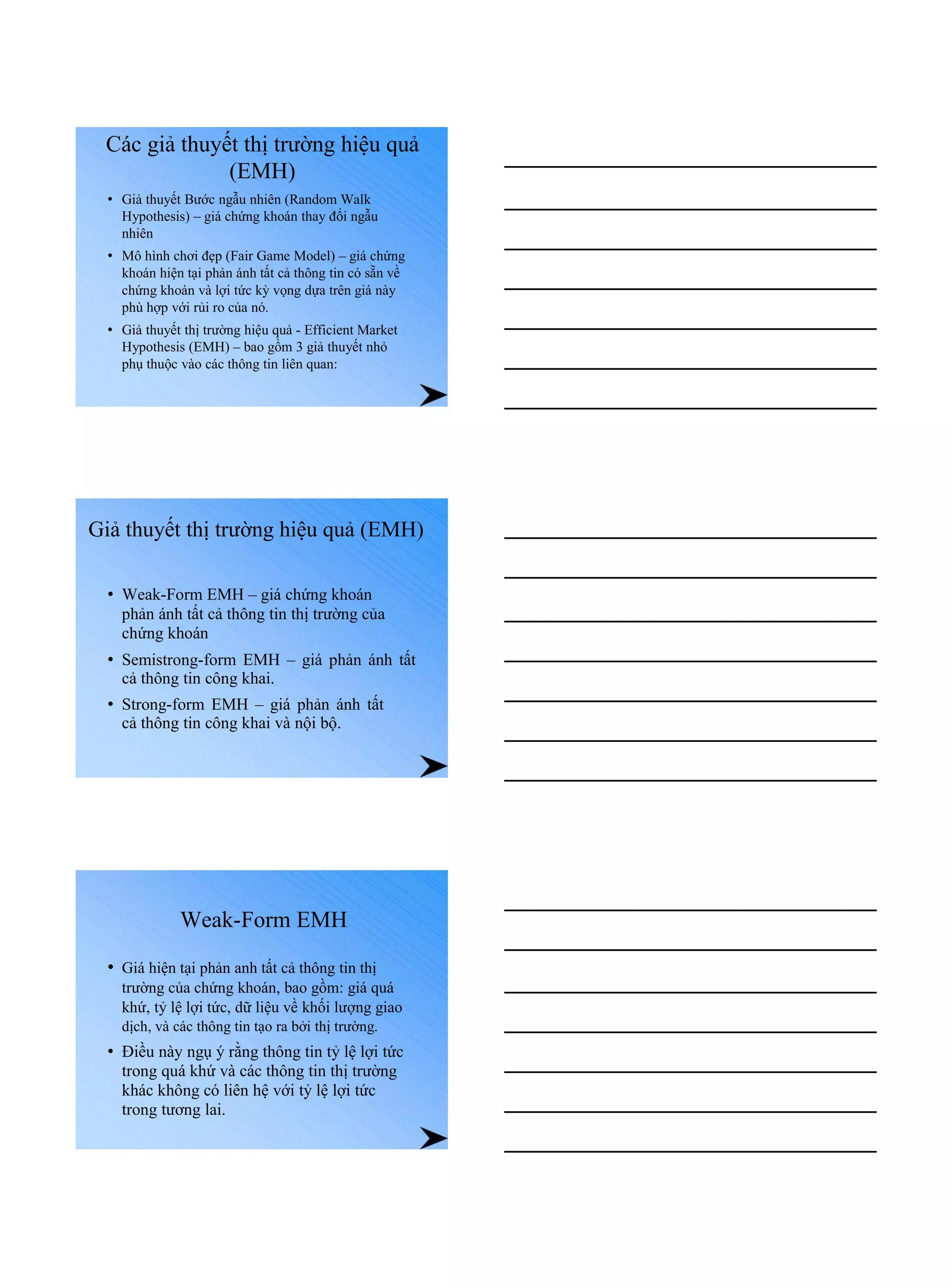 Các giả thuyết thị trường hiệu quả
(EMH)
• Giả thuyết Bước ngẫu nhiên (Random Walk
Hypothesis) – giá chứng khoán thay đổi ngẫu
nhiên
• Mô hình chơi đẹp (Fair Game Model) – giá chứng
khoán hiện tại phản ánh tất cả thông tin có sẵn về
chứng khoán và lợi tức kỳ vọng dựa trên giá này
phù hợp với rủi ro của nó.
• Giả thuyết thị trường hiệu quả - Efficient Market
Hypothesis (EMH) – bao gồm 3 giả thuyết nhỏ
phụ thuộc vào các thông tin liên quan:
Giả thuyết thị trường hiệu quả (EMH)
• Weak-Form EMH – giá chứng khoán
phản ánh tất cả thông tin thị trường của
chứng khoán
• Semistrong-form EMH – giá phản ánh tất
cả thông tin công khai.
• Strong-form EMH – giá phản ánh tất
cả thông tin công khai và nội bộ.
Weak-Form EMH
• Giá hiện tại phản anh tất cả thông tin thị
trường của chứng khoán, bao gồm: giá quá
khứ, tỷ lệ lợi tức, dữ liệu về khối lượng giao
dịch, và các thông tin tạo ra bởi thị trường.
• Điều này ngụ ý rằng thông tin tỷ lệ lợi tức
trong quá khứ và các thông tin thị trường
khác không có liên hệ với tỷ lệ lợi tức
trong tương lai.
 
