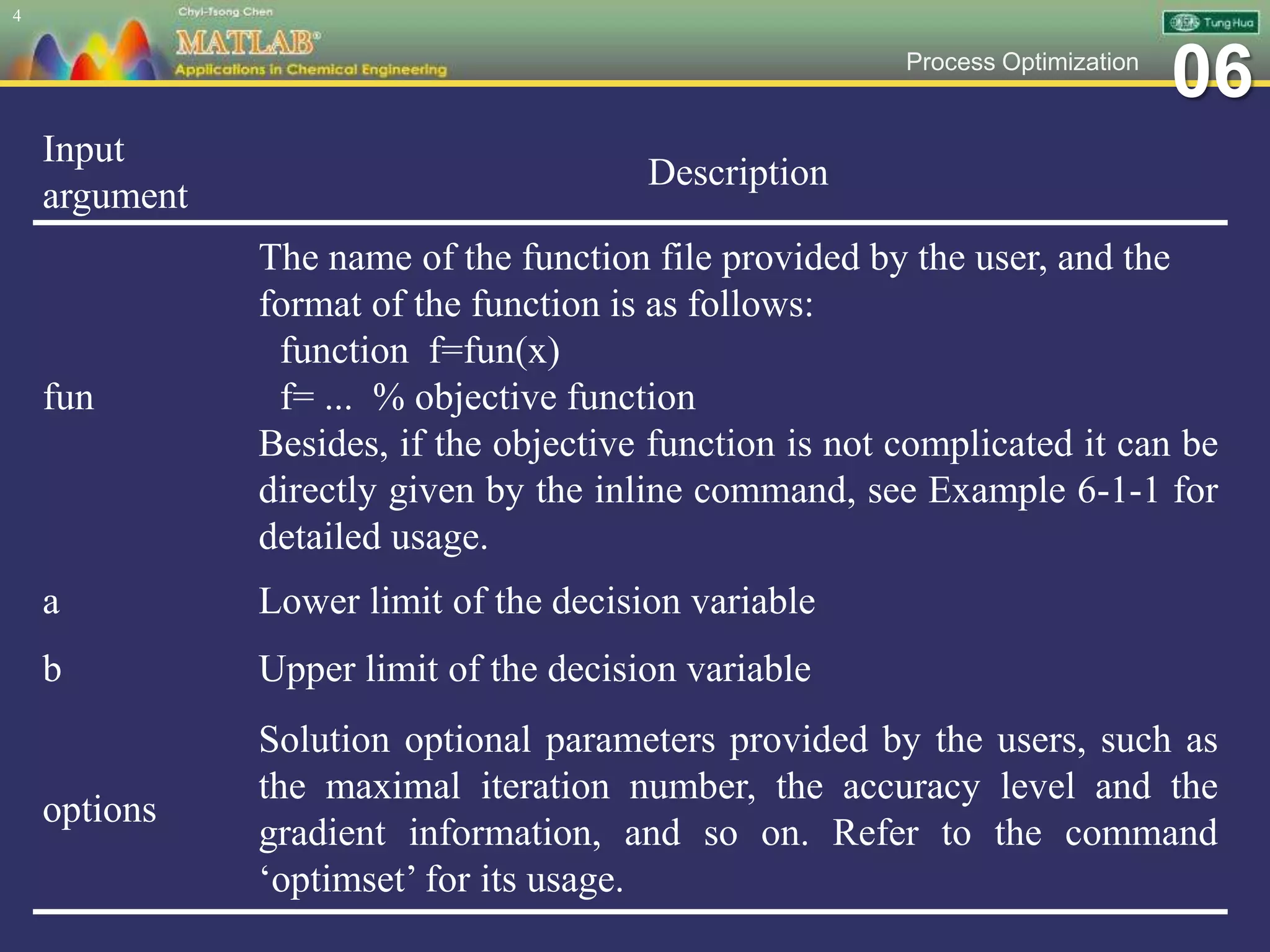 06Process Optimization
4
Input
argument
Description
fun
The name of the function file provided by the user, and the
format of the function is as follows:
function f=fun(x)
f= ... % objective function
Besides, if the objective function is not complicated it can be
directly given by the inline command, see Example 6-1-1 for
detailed usage.
a Lower limit of the decision variable
b Upper limit of the decision variable
options
Solution optional parameters provided by the users, such as
the maximal iteration number, the accuracy level and the
gradient information, and so on. Refer to the command
‘optimset’ for its usage.
 