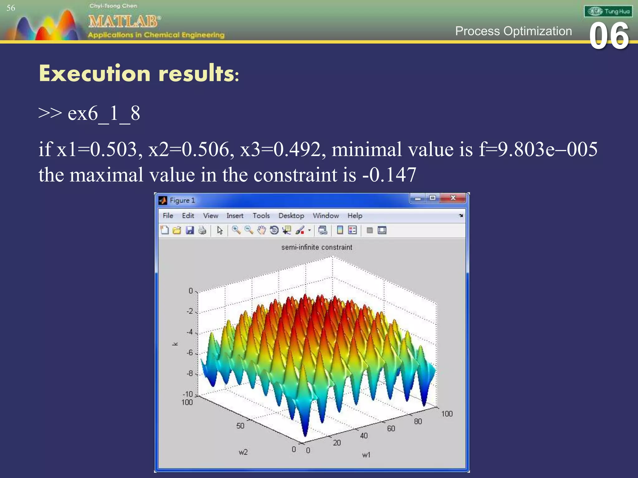 06Process Optimization
Execution results:
>> ex6_1_8
if x1=0.503, x2=0.506, x3=0.492, minimal value is f=9.803e005
the maximal value in the constraint is -0.147
56
 