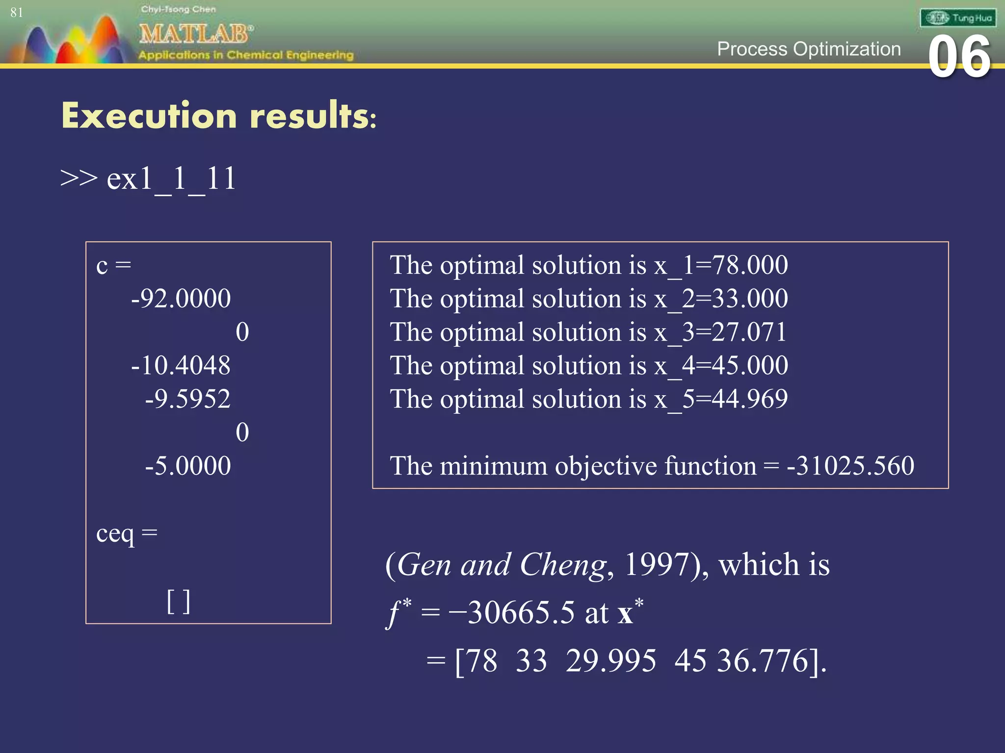 06Process Optimization
Execution results:
>> ex1_1_11
81
c =
-92.0000
0
-10.4048
-9.5952
0
-5.0000
ceq =
[ ]
The optimal solution is x_1=78.000
The optimal solution is x_2=33.000
The optimal solution is x_3=27.071
The optimal solution is x_4=45.000
The optimal solution is x_5=44.969
The minimum objective function = -31025.560
(Gen and Cheng, 1997), which is
ƒ* = −30665.5 at x*
= [78 33 29.995 45 36.776].
 
