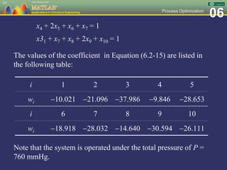 06Process Optimization
x4 + 2x5 + x6 + x7 = 1
x31 + x7 + x8 + 2x9 + x10 = 1
The values of the coefficient in Equation (6.2-15) are listed in
the following table:
Note that the system is operated under the total pressure of P =
760 mmHg.
103
i 1 2 3 4 5
wi 10.021 21.096 37.986 9.846 28.653
i 6 7 8 9 10
wi 18.918 28.032 14.640 30.594 26.111
 