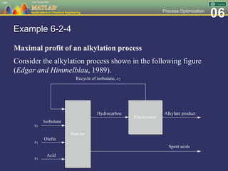 06Process Optimization
Example 6-2-4
Maximal profit of an alkylation process
Consider the alkylation process shown in the following figure
(Edgar and Himmelblau, 1989).
109
Reactor
Fractionator
Hydrocarbon
Olefin
Isobutane
Acid
Recycle of isobutane, x2
Alkylate product
Spent acids
x3
x1
x5
 