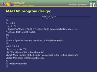 06Process Optimization
MATLAB program design:
─────────────── ex6_2_5.m ───────────────
%
for i=1:9
z=0.1*i;
fprintf('n When z=%.1f, d=%.3f, x=%.3f, the optimal efficiency is =…
%.3f.', z, dopt(i), xopt(i), eta(i))
end
%
% Plot a figure to show the variations of the optimal results
%
z=0.1:0.1:0.9;
plot(z, eta, z, eta, '*')
title('Variations of the optimial results')
xlabel('Mole fraction of the light key component in the feeding stream, z')
ylabel('Maximum separation efficiency')
%
% Objective function
%
127
 