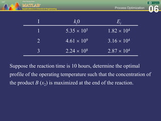 06Process Optimization
Suppose the reaction time is 10 hours, determine the optimal
profile of the operating temperature such that the concentration of
the product B (x2) is maximized at the end of the reaction.
147
I ki0 Ei
1 5.35  105 1.82  104
2 4.61  109 3.16  104
3 2.24  108 2.87  104
 