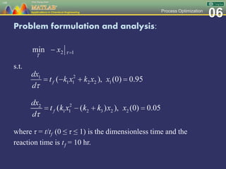 06Process Optimization
Problem formulation and analysis:
148
where τ = t/tf (0 ≤ τ ≤ 1) is the dimensionless time and the
reaction time is tƒ = 10 hr.
s.t.
 