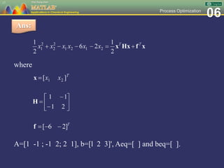 06Process Optimization
17
Ans:
where
A=[1 -1 ; -1 2; 2 1], b=[l 2 3]', Aeq=[ ] and beq=[ ].
 
