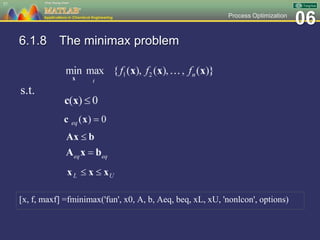 06Process Optimization
6.1.8 The minimax problem
[x, f, maxf] =fminimax('fun', x0, A, b, Aeq, beq, xL, xU, 'nonlcon', options)
57
s.t.
 