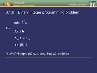 06Process Optimization
6.1.9 Binary integer programming problem
[x, fval]=bintprog(f, A, b, Aeq, beq, x0, options)
64
s.t.
 