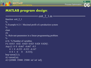 06Process Optimization
MATLAB program design:
─────────────── ex6_2_1.m ───────────────
function ex6_2_1
%
% Example 6-2-1 Maximal profit of a production system
%
clear
clc
% Relevant parameters in a linear programming problem
%
n=6; % Number of variables
f=[ -0.015 -0.02 -0.025 0.025 0.028 0.028]';
Aeq=[1 0 0 -0.667 -0.667 -0.5
0 1 0 -0.333 -0.333 -0.167
0 0 1 0 0 -0.333];
beq=zeros(3,1);
xL=zeros(l,n);
xU=[45000 35000 25000 inf inf inf];
94
 