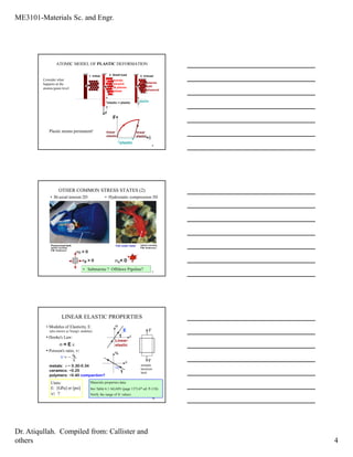 ME3101-Materials Sc. and Engr.
Dr. Atiqullah. Compiled from: Callister and
others 4
3
1. Initial 2. Small load 3. Unload
Plastic means permanent!
F
δ
linear
elastic
linear
elastic
δplastic
planes
still
sheared
F
δelastic + plastic
bonds
stretch
& planes
shear
δplastic
ATOMIC MODEL OF PLASTIC DEFORMATION
Consider what
happens at the
atomic/grain level
7
• Bi-axial tension:2D • Hydrostatic compression:3D
Fish under waterPressurized tank
σz > 0
σθ > 0
σ < 0h
(photo courtesy
P.M. Anderson)
(photo courtesy
P.M. Anderson)
OTHER COMMON STRESS STATES (2)
• Submarine ? Offshore Pipeline?
• Modulus of Elasticity, E:
(also known as Young's modulus)
10
• Hooke's Law:
σ = E ε
• Poisson's ratio, ν:
metals: ν ~ 0.30-0.34
ceramics: ~0.25
polymers: ~0.40 compaction?
εν = − L
ε
εL
ε
1
-ν
F
F
simple
tension
test
σ
Linear-
elastic
1
E
ε
Units:
E: [GPa] or [psi]
ν: ?
LINEAR ELASTIC PROPERTIES
Materials properties data:
See Table 6.1 AGAIN (page 137) 6th ed. P-118).
Verify the range of ν values.
 