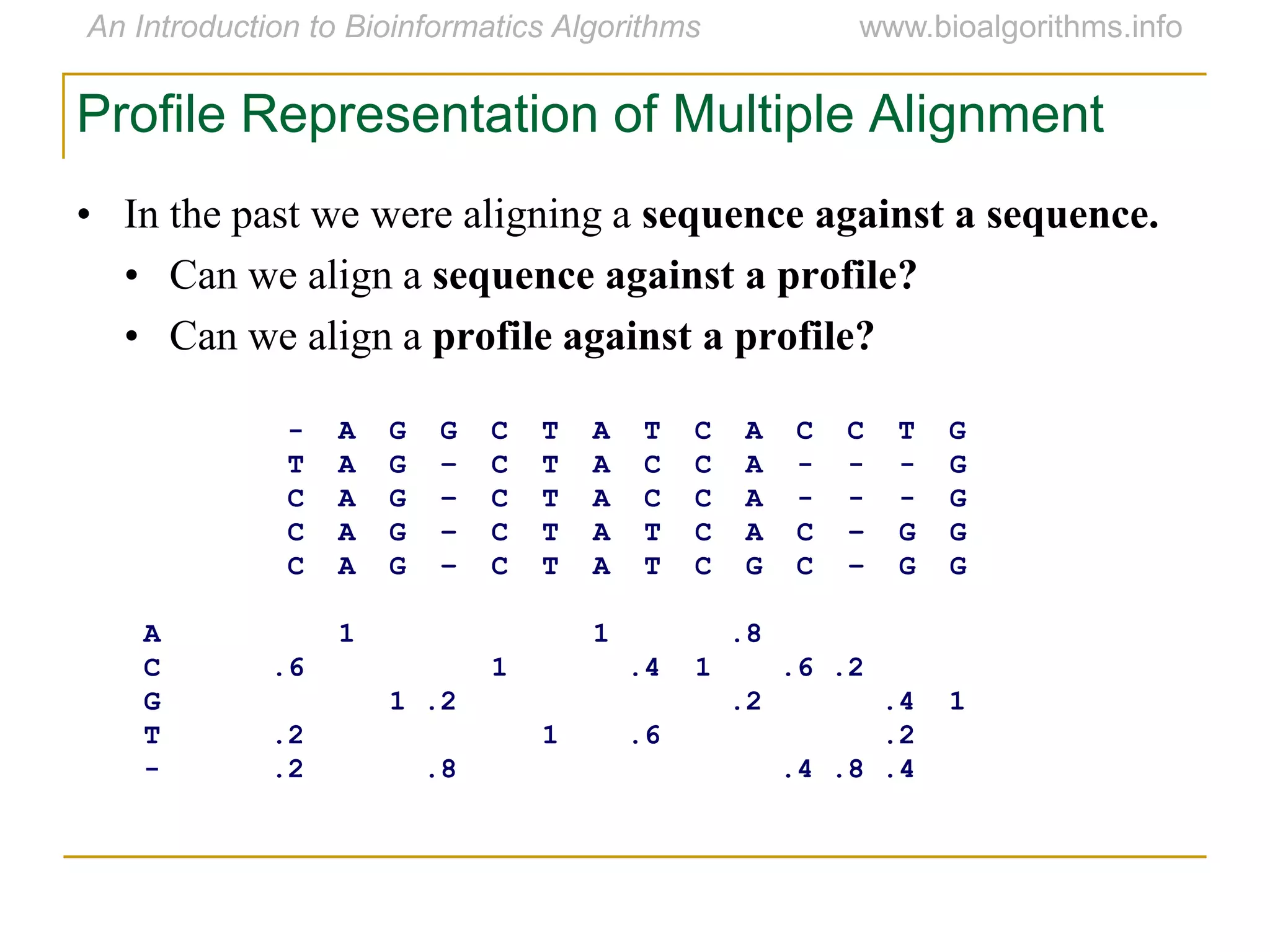 Profile Representation of Multiple Alignment
• In the past we were aligning a sequence against a sequence.
• Can we align a sequence against a profile?
• Can we align a profile against a profile?
- A G G C T A T C A C C T G
T A G – C T A C C A - - - G
C A G – C T A C C A - - - G
C A G – C T A T C A C – G G
C A G – C T A T C G C – G G
A 1 1 .8
C .6 1 .4 1 .6 .2
G 1 .2 .2 .4 1
T .2 1 .6 .2
- .2 .8 .4 .8 .4
 