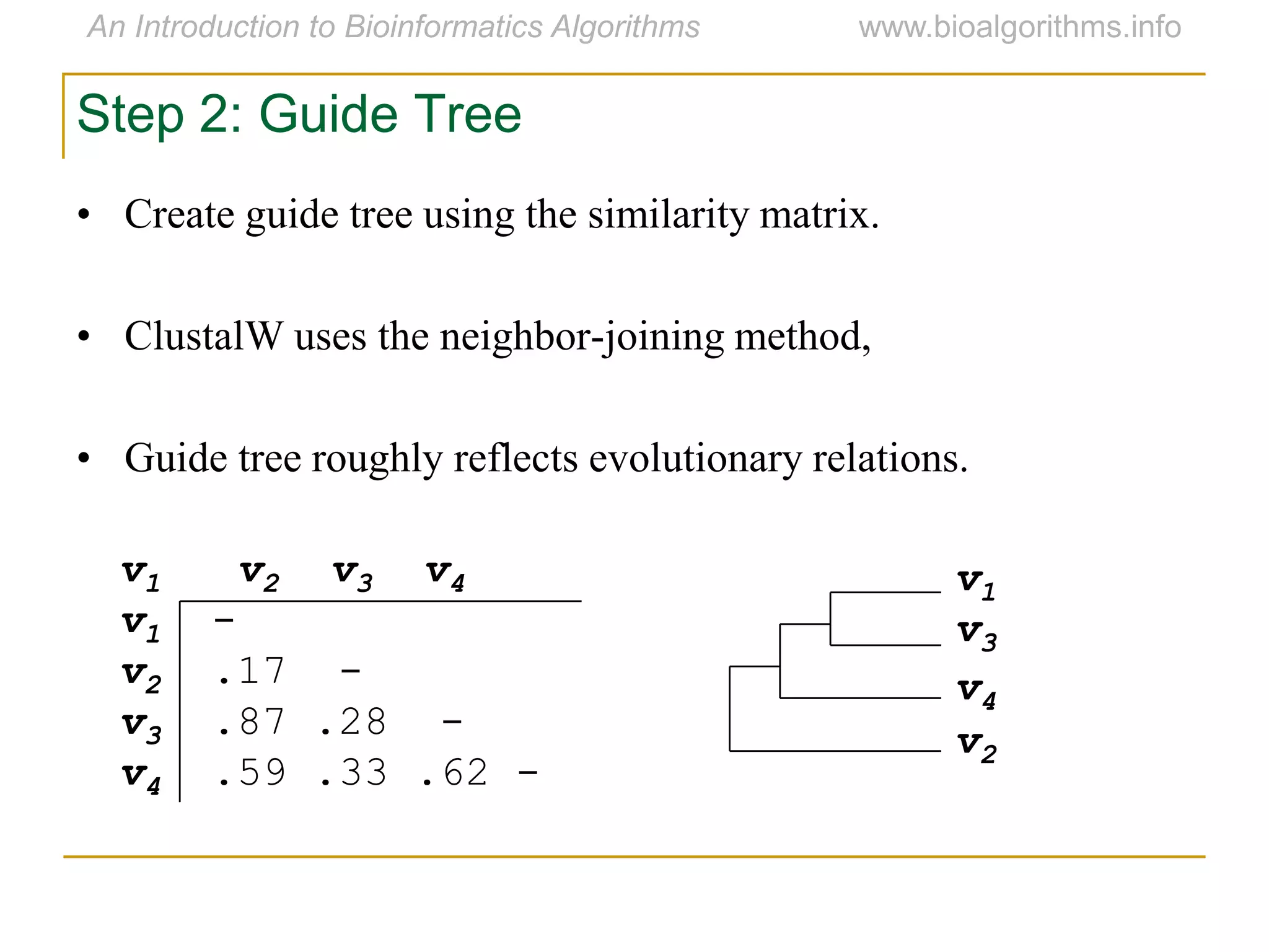 Step 2: Guide Tree
• Create guide tree using the similarity matrix.
• ClustalW uses the neighbor-joining method,
• Guide tree roughly reflects evolutionary relations.
v1 v2 v3 v4
v1 -
v2 .17 -
v3 .87 .28 -
v4 .59 .33 .62 -
v1
v3
v4
v2
 