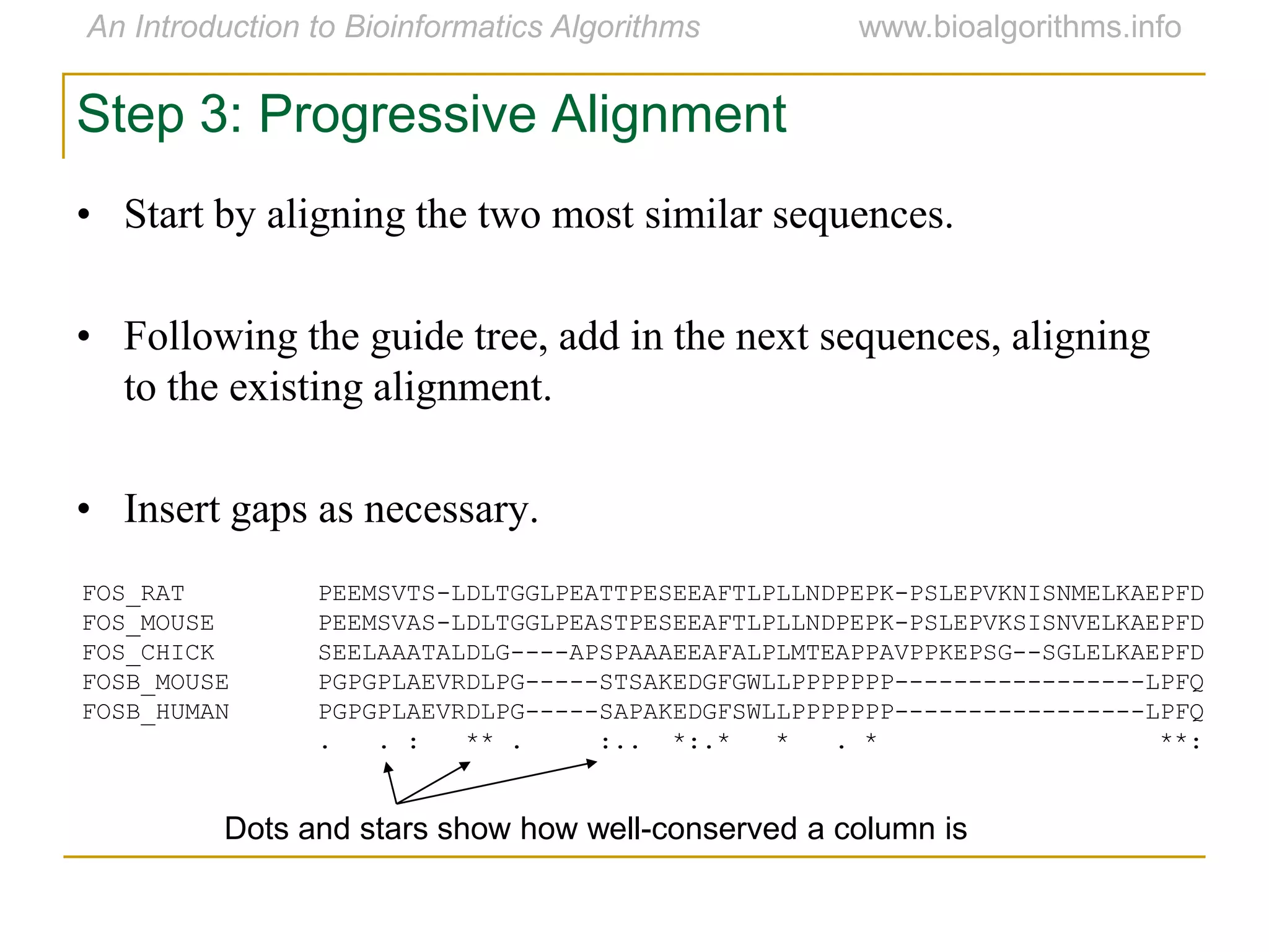 FOS_RAT PEEMSVTS-LDLTGGLPEATTPESEEAFTLPLLNDPEPK-PSLEPVKNISNMELKAEPFD
FOS_MOUSE PEEMSVAS-LDLTGGLPEASTPESEEAFTLPLLNDPEPK-PSLEPVKSISNVELKAEPFD
FOS_CHICK SEELAAATALDLG----APSPAAAEEAFALPLMTEAPPAVPPKEPSG--SGLELKAEPFD
FOSB_MOUSE PGPGPLAEVRDLPG-----STSAKEDGFGWLLPPPPPPP-----------------LPFQ
FOSB_HUMAN PGPGPLAEVRDLPG-----SAPAKEDGFSWLLPPPPPPP-----------------LPFQ
. . : ** . :.. *:.* * . * **:
Dots and stars show how well-conserved a column is
Step 3: Progressive Alignment
• Start by aligning the two most similar sequences.
• Following the guide tree, add in the next sequences, aligning
to the existing alignment.
• Insert gaps as necessary.
 