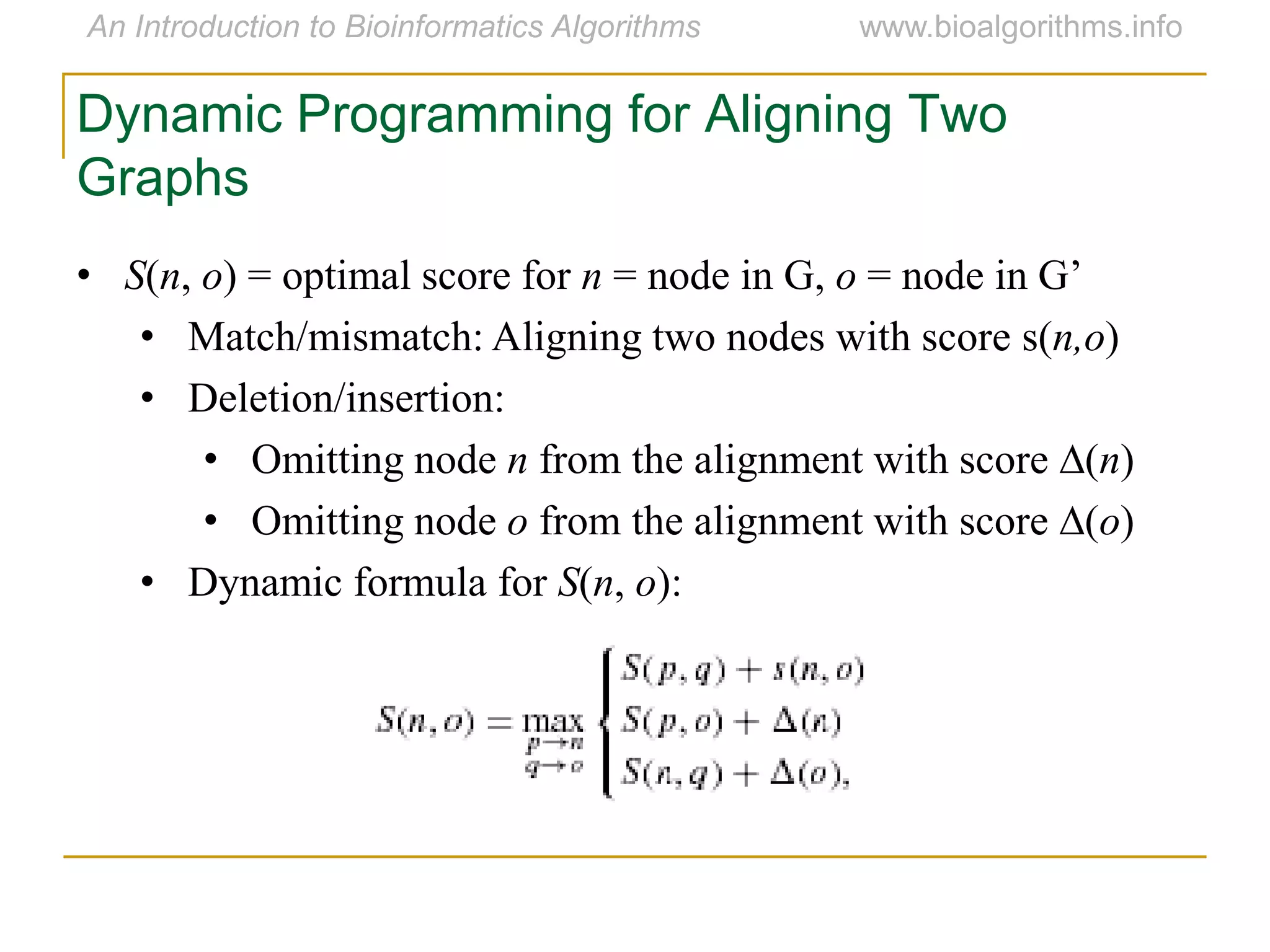 Dynamic Programming for Aligning Two
Graphs
• S(n, o) = optimal score for n = node in G, o = node in G‟
• Match/mismatch: Aligning two nodes with score s(n,o)
• Deletion/insertion:
• Omitting node n from the alignment with score ∆(n)
• Omitting node o from the alignment with score ∆(o)
• Dynamic formula for S(n, o):
 