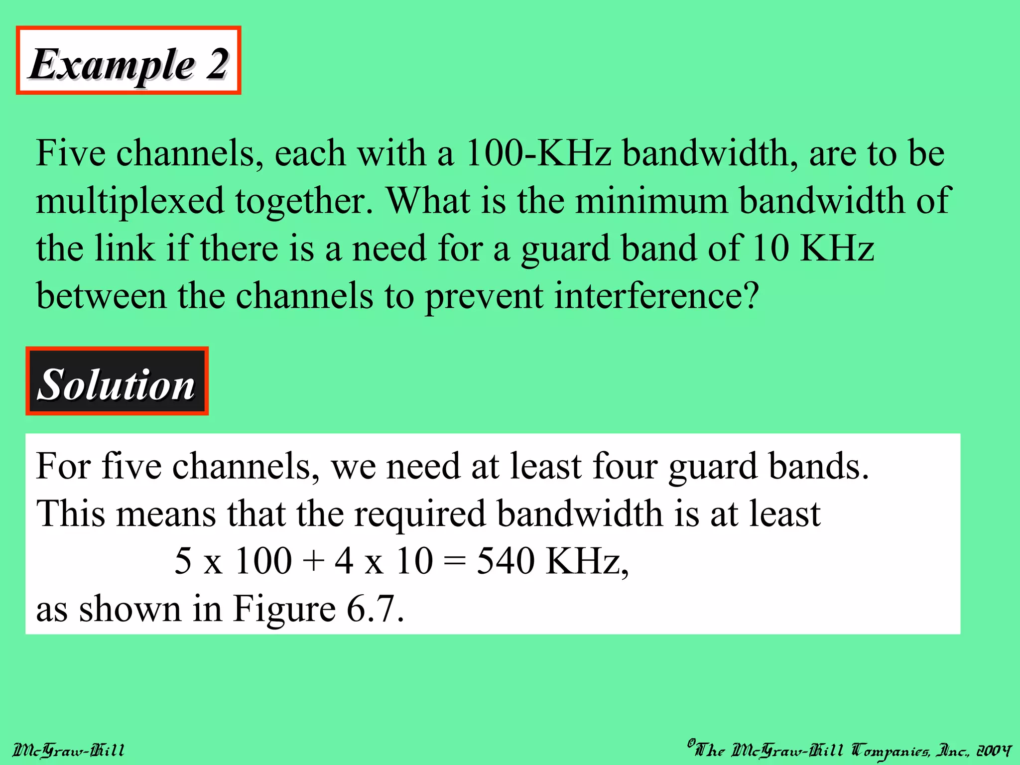 McGraw-Hill ©The McGraw-Hill Companies, Inc., 2004
Example 2Example 2
Five channels, each with a 100-KHz bandwidth, are to be
multiplexed together. What is the minimum bandwidth of
the link if there is a need for a guard band of 10 KHz
between the channels to prevent interference?
SolutionSolution
For five channels, we need at least four guard bands.
This means that the required bandwidth is at least
5 x 100 + 4 x 10 = 540 KHz,
as shown in Figure 6.7.
 