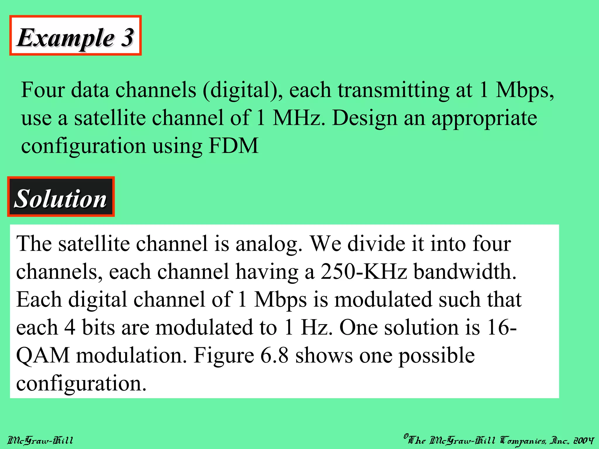 McGraw-Hill ©The McGraw-Hill Companies, Inc., 2004
Example 3Example 3
Four data channels (digital), each transmitting at 1 Mbps,
use a satellite channel of 1 MHz. Design an appropriate
configuration using FDM
SolutionSolution
The satellite channel is analog. We divide it into four
channels, each channel having a 250-KHz bandwidth.
Each digital channel of 1 Mbps is modulated such that
each 4 bits are modulated to 1 Hz. One solution is 16-
QAM modulation. Figure 6.8 shows one possible
configuration.
 