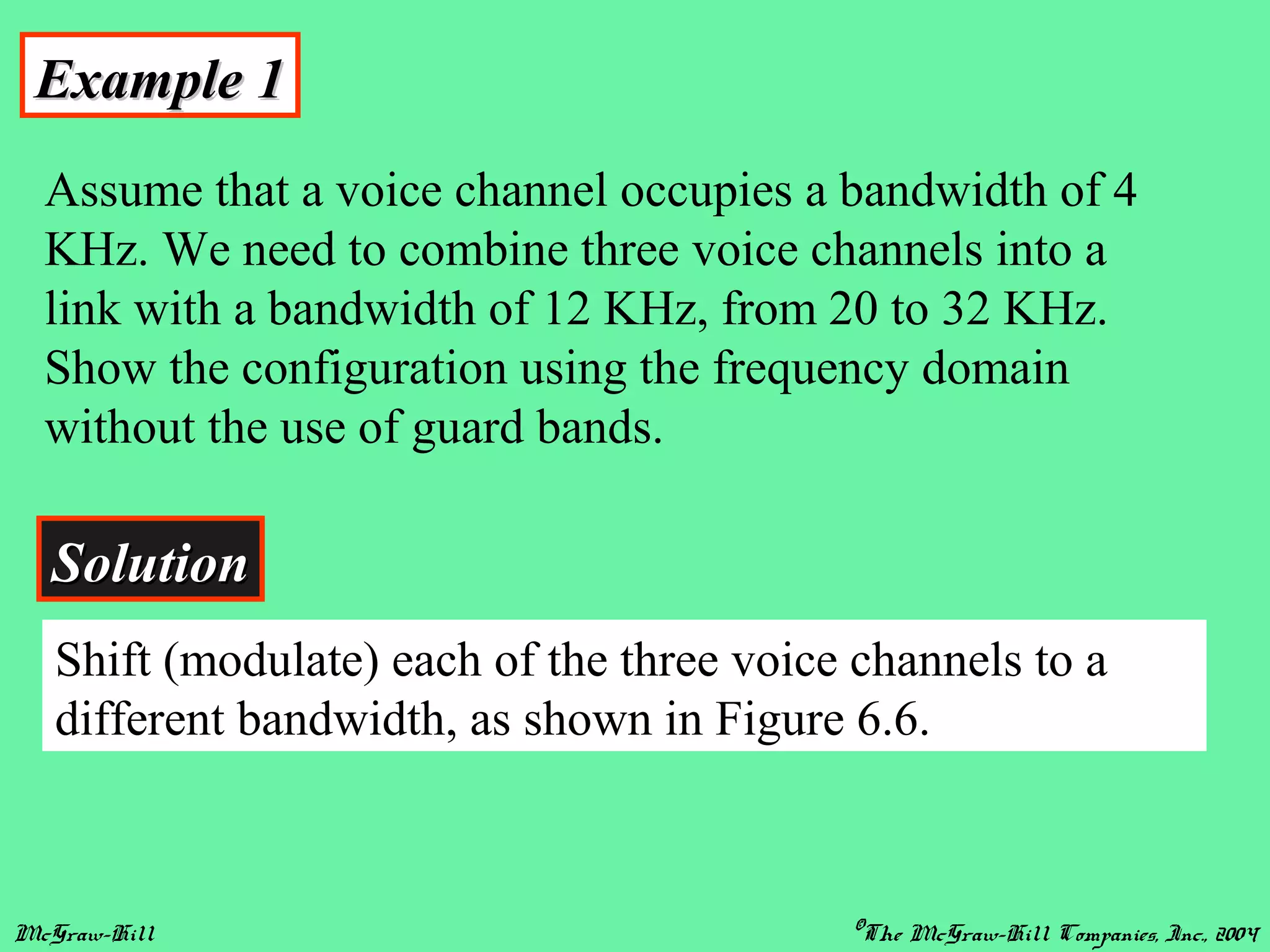 McGraw-Hill ©The McGraw-Hill Companies, Inc., 2004
Example 1Example 1
Assume that a voice channel occupies a bandwidth of 4
KHz. We need to combine three voice channels into a
link with a bandwidth of 12 KHz, from 20 to 32 KHz.
Show the configuration using the frequency domain
without the use of guard bands.
SolutionSolution
Shift (modulate) each of the three voice channels to a
different bandwidth, as shown in Figure 6.6.
 