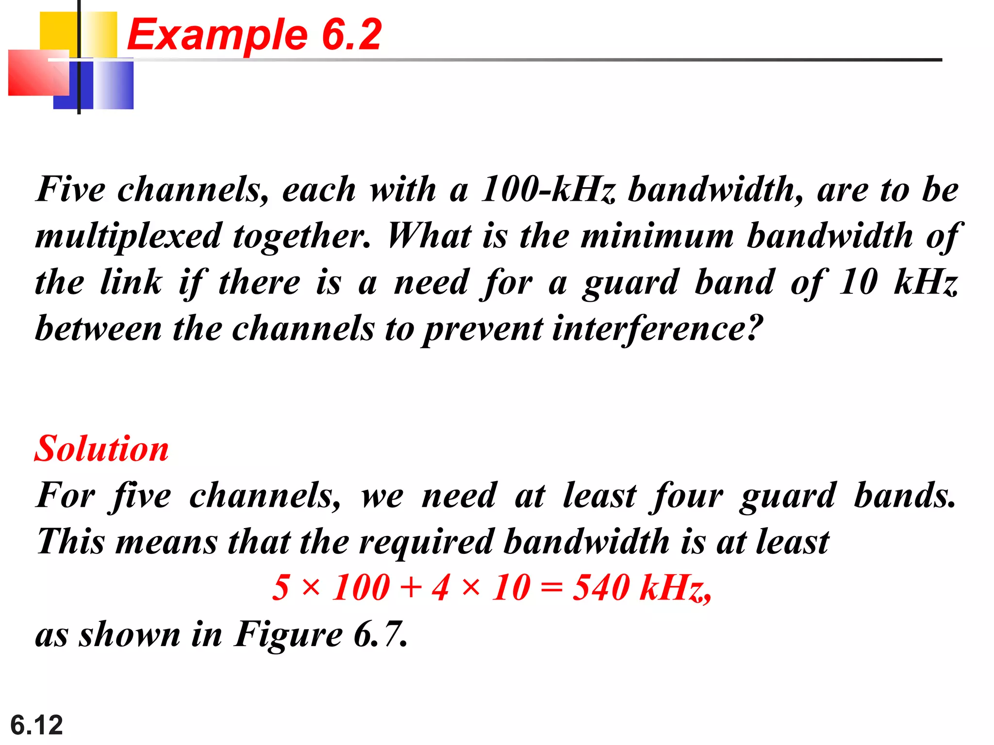6.12
Five channels, each with a 100-kHz bandwidth, are to be
multiplexed together. What is the minimum bandwidth of
the link if there is a need for a guard band of 10 kHz
between the channels to prevent interference?
Solution
For five channels, we need at least four guard bands.
This means that the required bandwidth is at least
5 × 100 + 4 × 10 = 540 kHz,
as shown in Figure 6.7.
Example 6.2
 