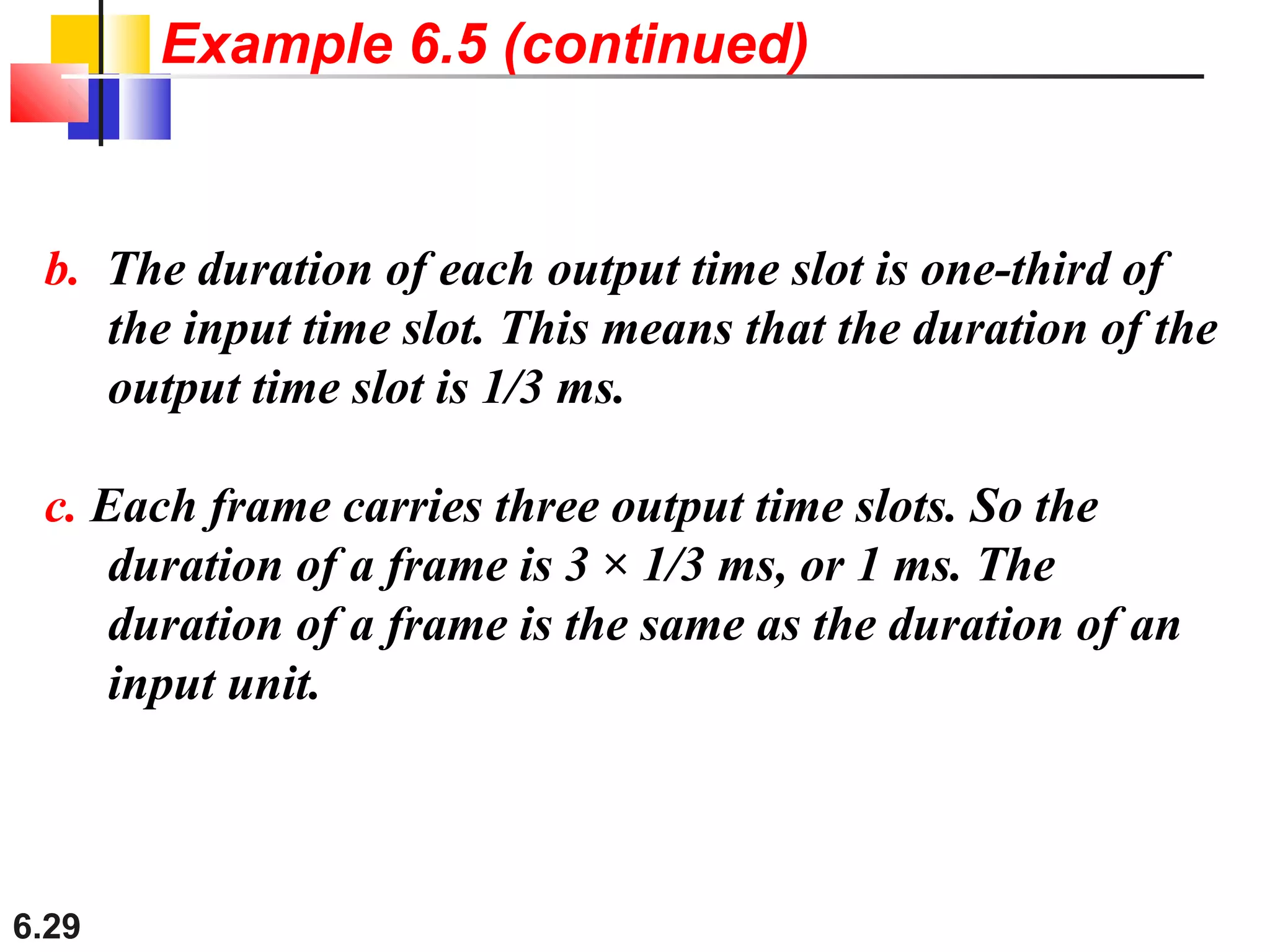 6.29
b. The duration of each output time slot is one-third of
the input time slot. This means that the duration of the
output time slot is 1/3 ms.
c. Each frame carries three output time slots. So the
duration of a frame is 3 × 1/3 ms, or 1 ms. The
duration of a frame is the same as the duration of an
input unit.
Example 6.5 (continued)
 