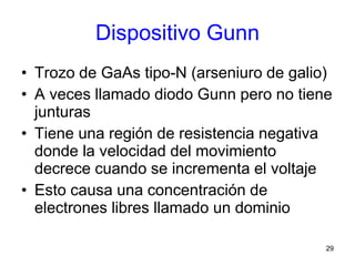 29
Dispositivo Gunn
• Trozo de GaAs tipo-N (arseniuro de galio)
• A veces llamado diodo Gunn pero no tiene
junturas
• Tiene una región de resistencia negativa
donde la velocidad del movimiento
decrece cuando se incrementa el voltaje
• Esto causa una concentración de
electrones libres llamado un dominio
 