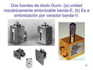 31
Dos fuentes de diodo Gunn. (a) unidad
mecánicamente sintonizable banda-E, (b) Es a
sintonización por varactor banda-V.
 