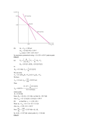 IC (mA)


      2.67            AC load line




                              Q-point
      1.80




                                               DC load line




                           3.89                               12 V (V)
                                                                  EC


(b)          ΔiC = I CQ = 1.80 mA
             ΔvEC = (1.8 )(1.83) = 3.29 V
             vEC ( min ) = 3.89 − 3.29 = 0.6 V
So maximum symmetrical swing = 2 × 3.29 = 6.58 V peak-to-peak
EX6.12
              ⎛ R2 ⎞             1
(a)     VTH = ⎜         ⎟ ⋅ VCC = ⋅ RTH ⋅ VCC
              ⎝ R1 + R2 ⎠        R1
             RTH = ( 0.1)(1 + β ) RE = ( 0.1)(121)(1)
so
                            1
RTH = 12.1 k Ω, VTH =          (12.1)(12 )
                            R1
We can write
VCC = (1 + β ) I BQ RE + VEB ( on ) + I BQ RTH + VTH
We have
                         1.6
I CQ = 1.6 mA, I BQ =        = 0.0133 mA
                         120
Then
                                1
                    12 − 0.7 −    (12.1)(12 )
                               R1
I BQ = 0.0133 =
                         12.1 + (121)(1)
which yields
R1 = 15.24 k Ω
Since RTH = R1 R2 = 12.1 k Ω, we find R2 = 58.7 k Ω
Also VECQ = 12 − (1.6 )( 4 ) − (1.61)(1) = 3.99 V
(b)          ac load line vec = −ic ( RC     RL )
Want Δic = I CQ − 0.1 = 1.6 − 0.1 = 1.5 mA
Also Δvec = 3.99 − 0.5 = 3.49 V
          Δvec 3.49
Now           =     = 2.327 k Ω = RC          RL
          Δic   1.5
So 4 RL = 2.327 k Ω which yields RL = 5.56 k Ω
EX6.13
 