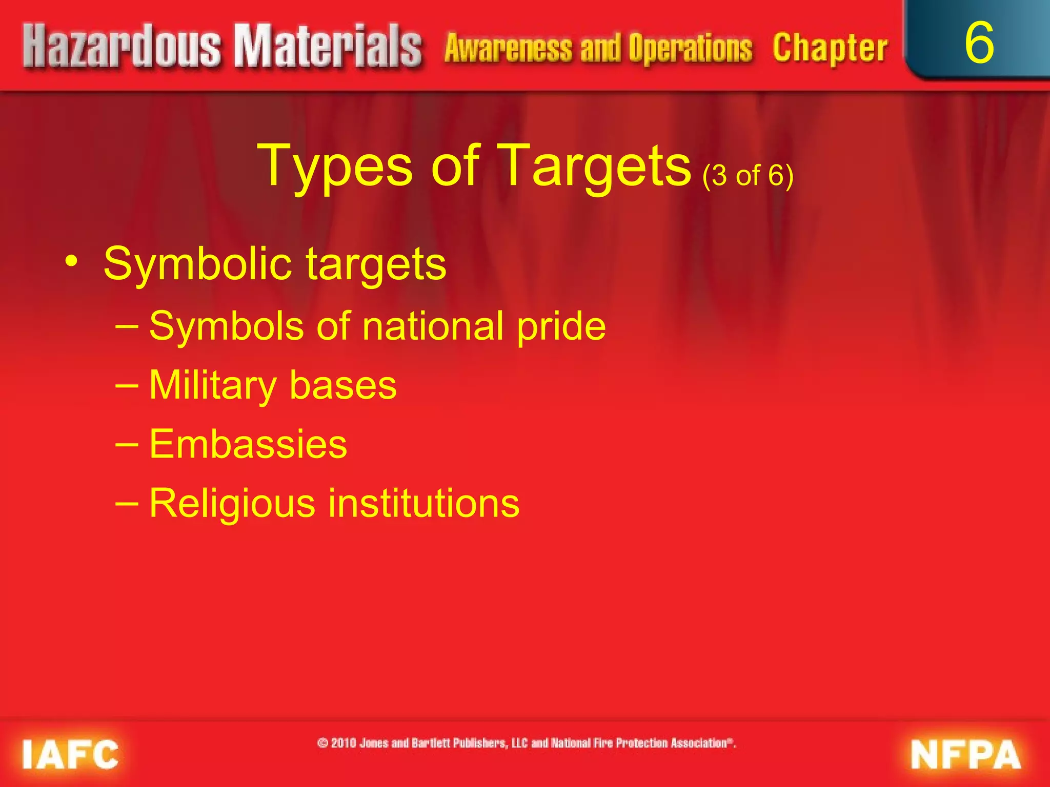 6

         Types of Targets (3 of 6)
• Symbolic targets
  – Symbols of national pride
  – Military bases
  – Embassies
  – Religious institutions
 