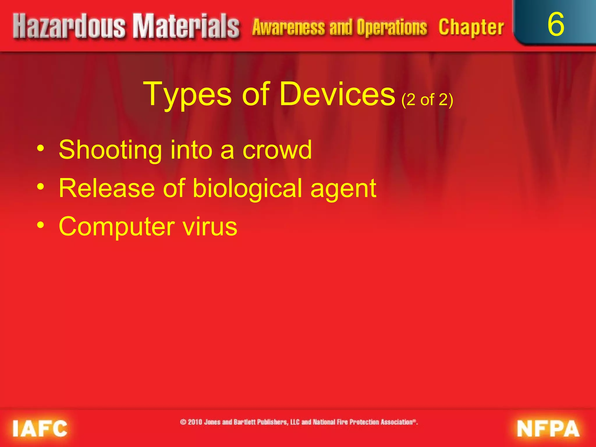 6

         Types of Devices (2 of 2)
• Shooting into a crowd
• Release of biological agent
• Computer virus
 