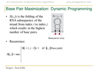Base Pair Maximization: Dynamic Programming
Base pairat i and j
Images – Sean Eddy
S i, j max
S i 1, j 1 1 (if i, j base pair)
• S(i, j) is the folding of the
RNA subsequence of the
strand from index i to index j
which results in the highest
number of base pairs.
• Recurrence:
 