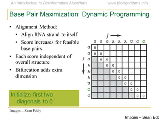 Images – Sean Edd
Base Pair Maximization: Dynamic Programming
• Alignment Method:
• Align RNA strand to itself
• Score increases for feasible
base pairs
• Each score independent of
overall structure
• Bifurcation adds extra
dimension
Initialize first two
diagonals to 0
Images—Sean Eddy
 