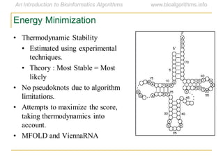 Energy Minimization
• Thermodynamic Stability
• Estimated using experimental
techniques.
• Theory : Most Stable = Most
likely
• No pseudoknots due to algorithm
limitations.
• Attempts to maximize the score,
taking thermodynamics into
account.
• MFOLD and ViennaRNA
 