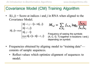 Covariance Model (CM) Training Algorithm
S i, j max
S i 1, j 1 M i, j
S i 1, j
S i, j 1
max
i k j
S i, k S k 1, j
• S(i, j) = Score at indices i and j in RNA when aligned to the
Covariance Model.
• Frequencies obtained by aligning model to ―training data‖—
consists of sample sequences.
• Reflect values which optimize alignment of sequences to
model.
Frequency of seeing the symbols
(A, C, G, T) together in locations i and j
depending on symbol.
 