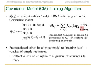 Covariance Model (CM) Training Algorithm
S i, j max
S i 1, j 1 M i, j
S i 1, j
S i, j 1
max
i k j
S i, k S k 1, j
• S(i, j) = Score at indices i and j in RNA when aligned to the
Covariance Model.
• Frequencies obtained by aligning model to ―training data‖—
consists of sample sequences.
• Reflect values which optimize alignment of sequences to
model.
Independent frequency of seeing the
symbols (A, C, G, T) in locations i or j
depending on symbol.
 