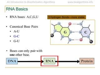 RNA Basics
• RNA bases: A,C,G,U
• Canonical Base Pairs
• A-U
• G-C
• G-U
• Bases can only pair with
one other base.
3 Hydrogen Bonds—more stable
 