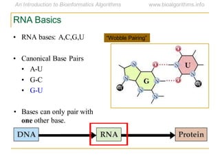 RNA Basics
• RNA bases: A,C,G,U
• Canonical Base Pairs
• A-U
• G-C
• G-U
• Bases can only pair with
one other base.
―Wobble Pairing‖
 