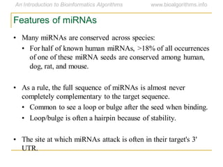 Features of miRNAs
• Many miRNAs are conserved across species:
• For half of known human miRNAs, >18% of all occurrences
of one of these miRNA seeds are conserved among human,
dog, rat, and mouse.
• As a rule, the full sequence of miRNAs is almost never
completely complementary to the target sequence.
• Common to see a loop or bulge after the seed when binding.
• Loop/bulge is often a hairpin because of stability.
• The site at which miRNAs attack is often in their target's 3'
UTR.
 