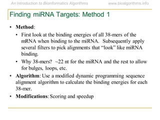 Finding miRNA Targets: Method 1
• Method:
• First look at the binding energies of all 38-mers of the
mRNA when binding to the miRNA. Subsequently apply
several filters to pick alignments that ―look‖ like miRNA
binding.
• Why 38-mers? ~22 nt for the miRNA and the rest to allow
for bulges, loops, etc.
• Algorithm: Use a modified dynamic programming sequence
alignment algorithm to calculate the binding energies for each
38-mer.
• Modifications: Scoring and speedup
 