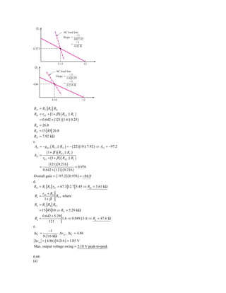 Q1
                              AC load line
                                        Ϫ1
                              Slope ϭ
                                      10͉͉7.92
                                        Ϫ1
                                   ϭ
                                      4.42 K
0.572




                       5.13                      12
 Q2
                   AC load line
                             Ϫ1
                   Slope ϭ
                           1.6͉͉0.25
                             Ϫ1
4.86                     ϭ
                           0.216 K



                4.16                         12


Ri 2 = R3 R4 Rib
Rib = rπ 2 + (1 + β ) ( RE 2 RL )
     = 0.642 + (121) (1.6 0.25 )
 Rib = 26.8
Ri 2 = 15 45 26.8
Ri 2 = 7.92 kΩ
c.
 Av1 = − g m1 ( RC1 Ri 2 ) = − ( 22 )(10 7.92 ) ⇒ Av 2 = −97.2
         (1 + β )( RE 2 RL )
Av 2 =
     rπ 2 + (1 + β )( RE 2 RL )
          (121)( 0.216 )
   =                          = 0.976
     0.642 + (121)( 0.216 )
Overall gain = ( −97.2 )( 0.976 ) = −94.9
d.
RiS = R1 R2 rπ 1 = 67.3 12.7 5.45 ⇒ RiS = 3.61 kΩ
          rπ 2 + RS
 Ro =               RE 2 where
            1+ β
 RS = R3 R4 RC1
    = 15 45 10 ⇒ RS = 5.29 kΩ
          0.642 + 5.29
 Ro =                  1.6 ⇒ 0.049 1.6 ⇒ Ro = 47.6 Ω
              121
e.
          −1
ΔiC =             ⋅ Δvce , ΔiC = 4.86
     0.216 kΩ
Δvce = ( 4.86 )( 0.216 ) = 1.05 V
Max. output voltage swing = 2.10 V peak-to-peak

6.66
(a)
 
