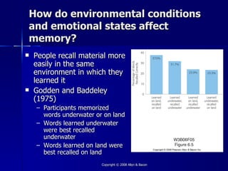 How do environmental conditions
and emotional states affect
memory?
   People recall material more
    easily in the same
    environment in which they
    learned it
   Godden and Baddeley
    (1975)
    – Participants memorized
      words underwater or on land
    – Words learned underwater
      were best recalled
      underwater
    – Words learned on land were
      best recalled on land
                         Copyright © 2008 Allyn & Bacon
 