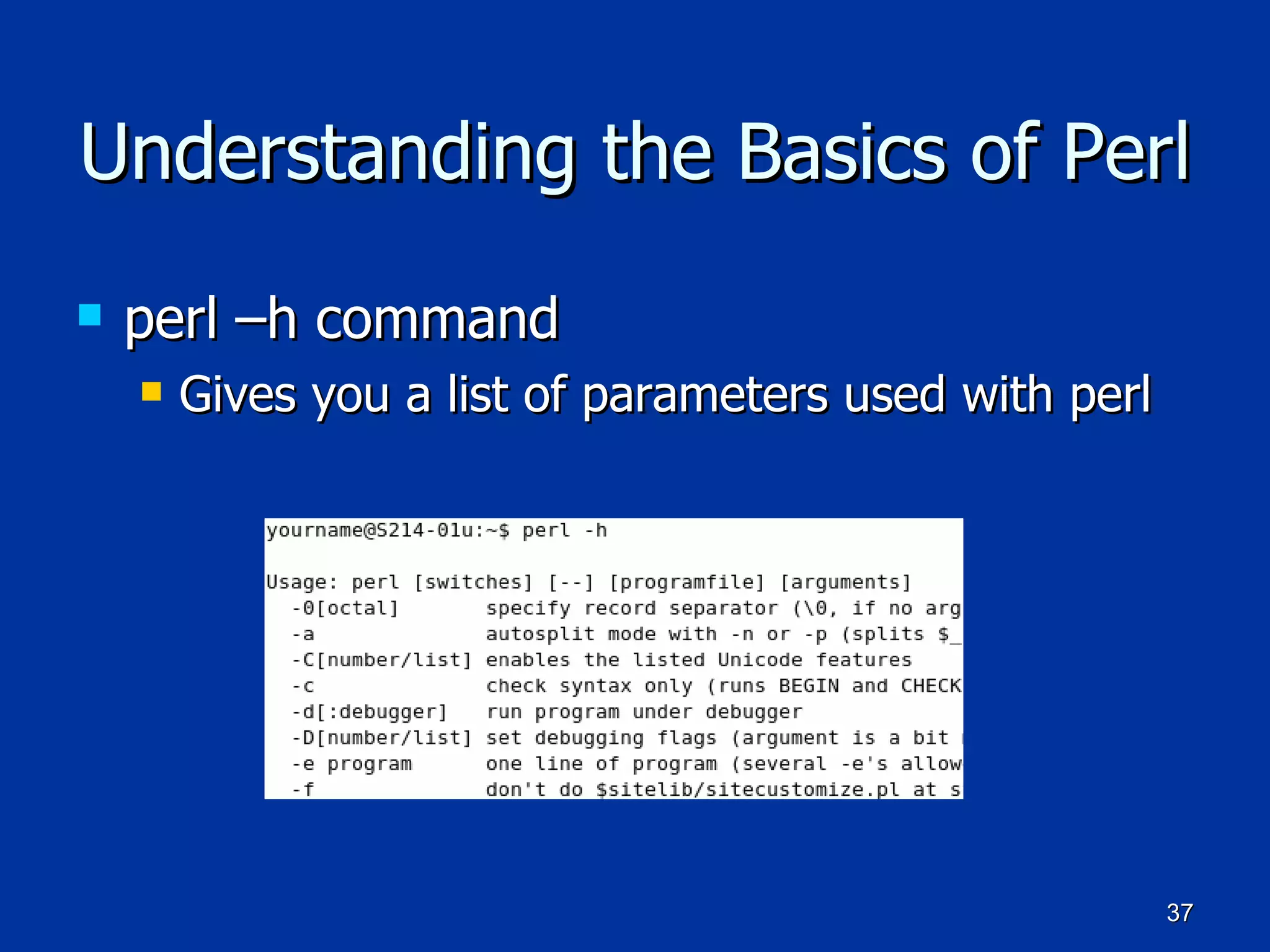 Understanding the Basics of Perl perl –h command  Gives you a list of parameters used with perl 