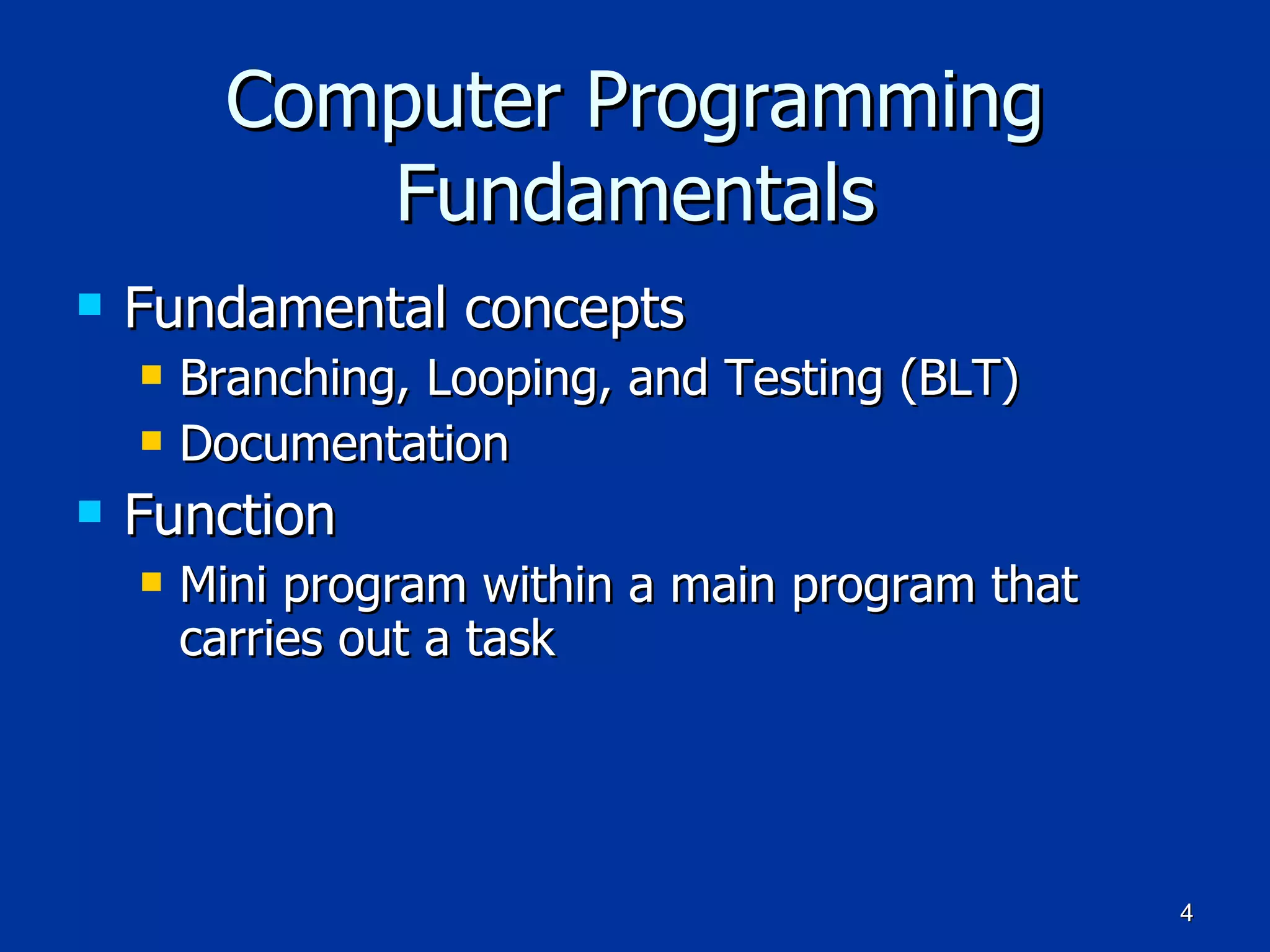 Computer Programming Fundamentals Fundamental concepts Branching, Looping, and Testing (BLT) Documentation Function Mini program within a main program that carries out a task 