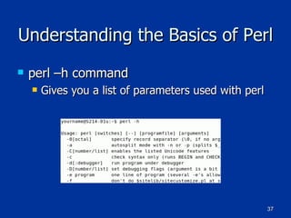 Understanding the Basics of Perl perl –h command  Gives you a list of parameters used with perl 