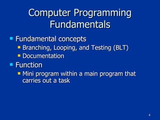 Computer Programming Fundamentals Fundamental concepts Branching, Looping, and Testing (BLT) Documentation Function Mini program within a main program that carries out a task 